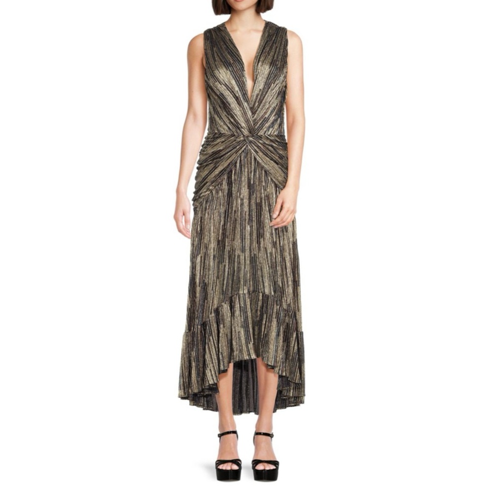 MISA Los Angeles Ava Plunging Twist Maxi Dress In Metallic